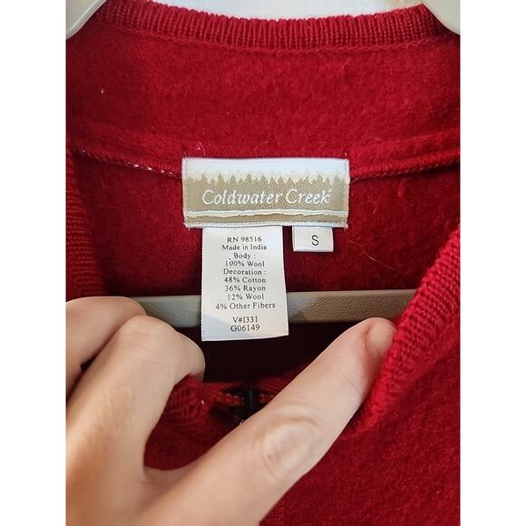 Coldwater Creek Red Wool Zip Cardigan Sweater S Holiday Christmas Embroidered - Picture 4 of 6
